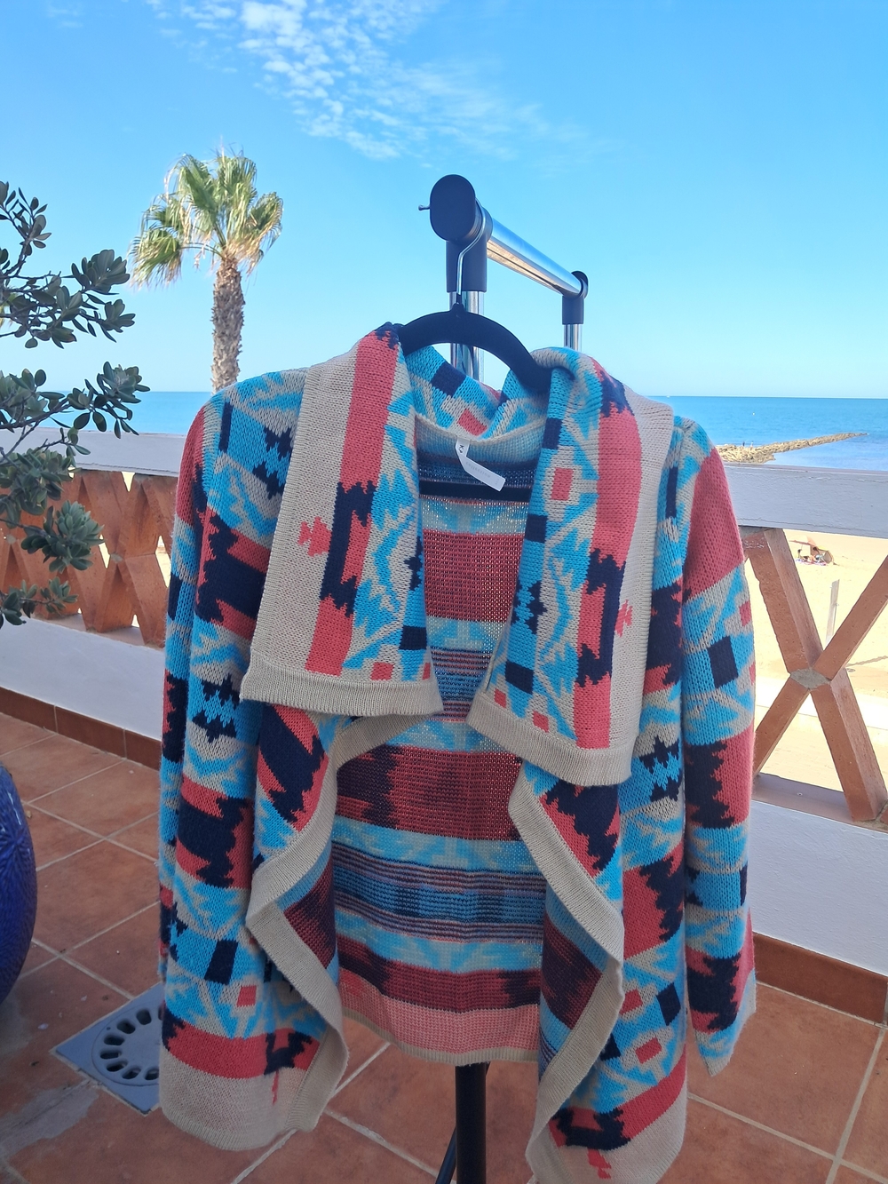 Aztec Open-Front Cardigan Sweater - Blue, Coral, Black